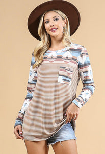 "Farm Girl" Stripe & Aztec Long Sleeve Top - Mocha