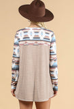 "Farm Girl" Stripe & Aztec Long Sleeve Top - Mocha