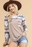 "Farm Girl" Stripe & Aztec Long Sleeve Top - Mocha