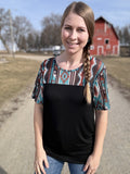 "White Buffalo" Black & Tribal Print Mesh Top