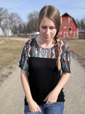 "White Buffalo" Black & Tribal Print Mesh Top