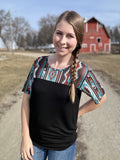 "White Buffalo" Black & Tribal Print Mesh Top