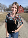 "White Buffalo" Black & Tribal Print Mesh Top