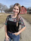 "White Buffalo" Black & Tribal Print Mesh Top