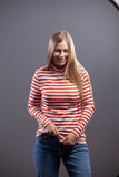 Orange & White Striped Turtleneck Long Sleeve Top