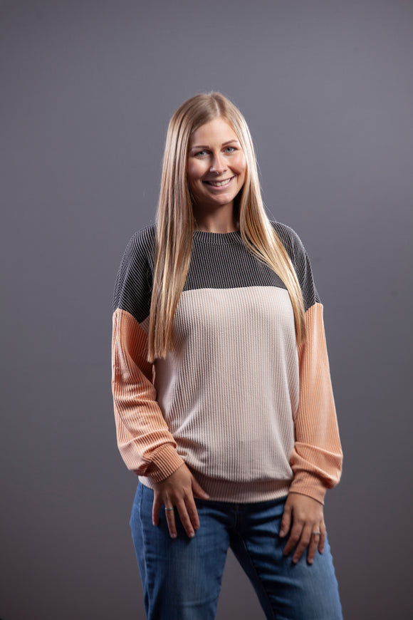 Charcoal, Cream, & Caramel Ribbed Color Block Top