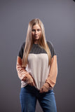 Charcoal, Cream, & Caramel Ribbed Color Block Top