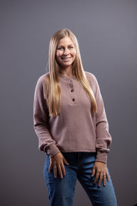 Cropped Waffle Top With Button Detail - Chocolate