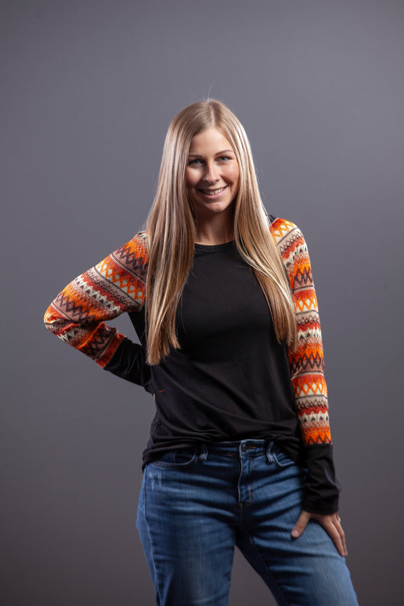 Black & Orange Aztec Long Sleeve Top