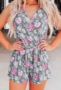 "Islands In The Stream" Gray & Pink Floral Romper